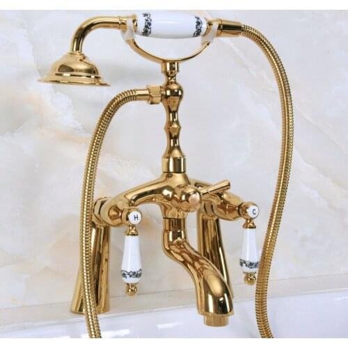 Gold Color Brass Deck Mount Bathroom Tub Faucet Dual Ceramic Handles Telephone Style Hand Shower Clawfoot Tub Filler ana135