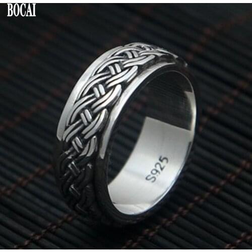 BOCAI 2021 New Fashion real S925 pure silver Man ring jewelry vintage Thai silver hemp rope simple turning good luck ring