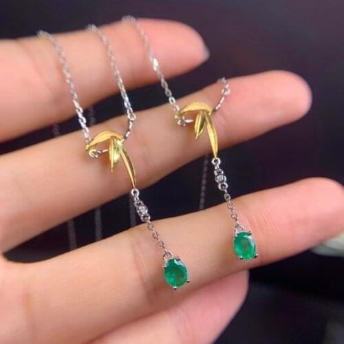 Natural green emerald stone Necklace natural gemstone Pendant Necklace S925 silver trendy lovely Bamboo leaf woman party Jewelry