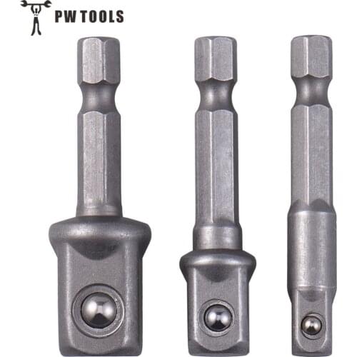 PW TOOLS 3Pcs/Set Chrome Vanadium Steel Socket Adapter Hex Shank to 1/4" 3/8" 1/2" Extension Drill Bits for Power Tools