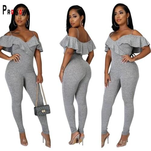 Prowow Sexy Women Jumpsuits Gray Color Ruffle Shoulderless Romper Bodysuits for Woman 2021 New Skinny Bodycon Outfits Streetwear