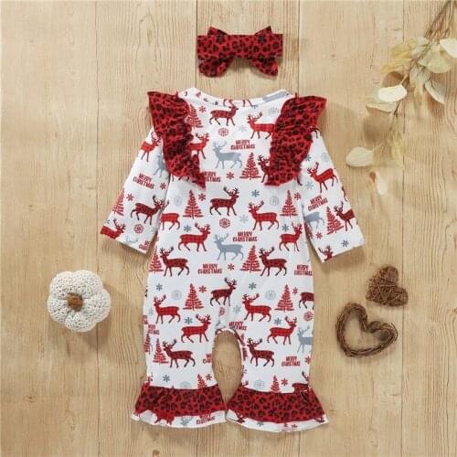 Christmas Newborn Toddler Long-sleeved Jumpsuit with Bow Headdress, Elk Print Ruffle Decoration Spring outfits clothes set