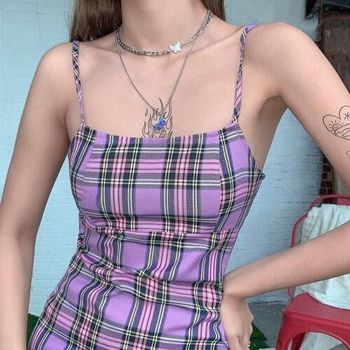 Vintage Womens summer sundresses plaid suspender Plus Size Streetwear 2021 sexy bar female a-line Dress mini ins slim clothes
