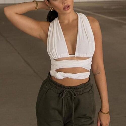 Sexy Elegant Backless Bandage Tank Tops Vest Women Deep V Neck Solid Lace Up Hollow Out Holiday Club Fashion Crop Top Streetwear