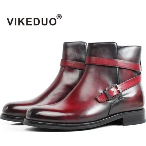 VIKEDUO Autumn New Patina Blake Ankle Boots Genuine Leather Buckle Strap Bespoke Round Toe Male Boots Plus Size Handmade Botas