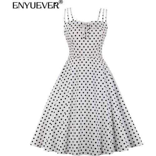 Enyuever Vintage Dresses 50s 60s Retro Summer Women Clothes Spaghetti Strap Robe Pin Up Swing White Black Polka Dot Casual Dress