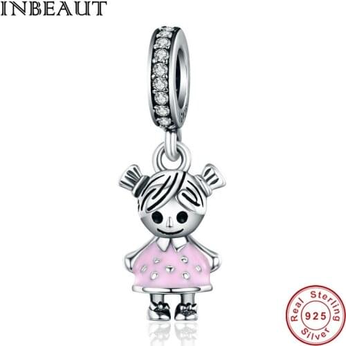 INBEAUT 925 Sterling Silver Pink Skirt Cute Little Girl Pendant Beads Women Lovely Dressing Lassock Charm fit Trendy Bracelet