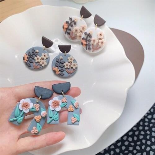 Korean Retro Art Soft Ceramic Geometric Color Flower Womens Big Earrings Fashion Sexy Exaggerated Round Handmade Jewelry Gifts