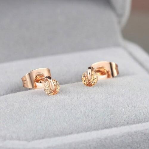 ZHOUYANG Stud Earrings For Women Mini Concise Round Zircon Crystal Rose Gold Color Daily Comfort Gift Fashion Jewelry E535