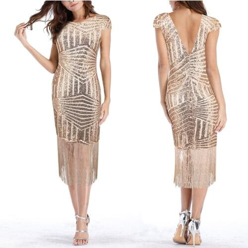 Women Party Dress Robe Femme 1920s Great Gatsby Flapper Sequin Fringe Midi Dress Vestido Summer Art Deco Retro Gold Dress
