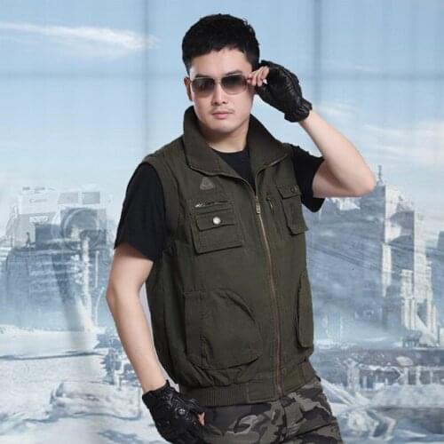 Outdoor Standing Collar Vest Washable Cotton Fabrics Multi Pocket Tactical Military Hiking Fishing Camping Photography Unisex