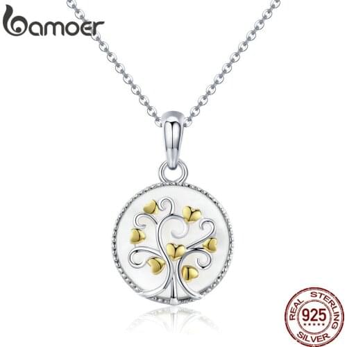 BAMOER Real 925 Sterling Silver Tree of Life Pendant Necklaces Women Gold Heart Tree Necklace Sterling Silver Jewelry SCN296