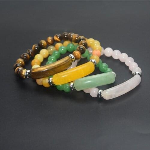 8mm Natural Stone Strand Beads Bracelet Reiki Healing Pink Quartz Aventurine Agates Rose Crystal Rectangle Bar Charms Bracelets