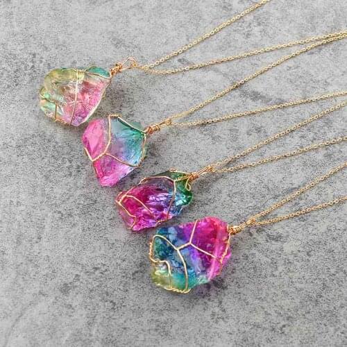 Natural Raw Stone Winding Seven Color Crystal Pendant Transparent Multicolor Chain Necklace Neck Chain