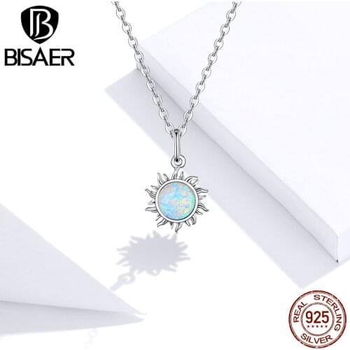 BISAER Sunny Sun Opal Necklace 925 Sterling Silver Pendant 45cm Long Chain Link For Women Wedding Best Gift Jewelry ECN399