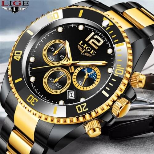 LIGE 24 Hours Moon Phase Watch Men Top Brand Luxury Chronograph Waterproof Men Quartz Wristwatches Fashion Sport Date Men Watch