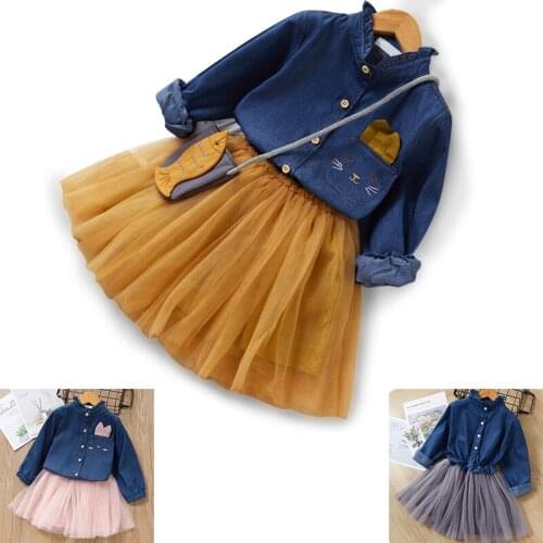 Girls Clothes Set Bunny Denim Jacket Tops + Tulle Skirt Kids Long Sleeve Spring Autumn Streetwear Child Jackets with Tutu Dress