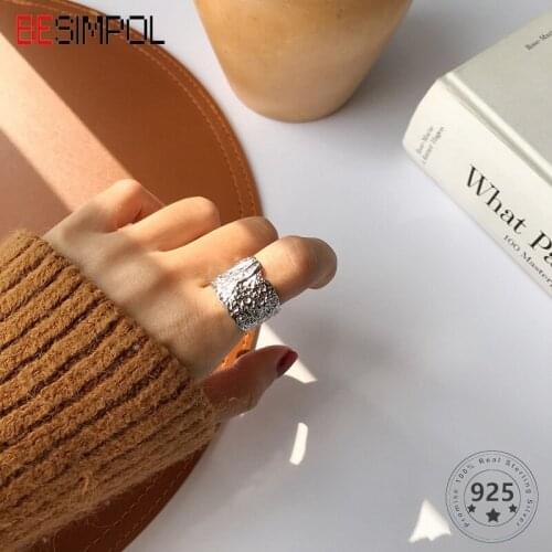 Besimpol 100% Real 925 Sterling Silver Rings Simple Irregular Rock Wall Tin Foil Adjustable Ring For Women Fashion Fine Jewelry