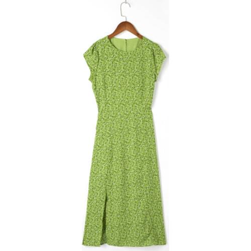 Summer womens casual printed round neck short-sleeved waist slim dress