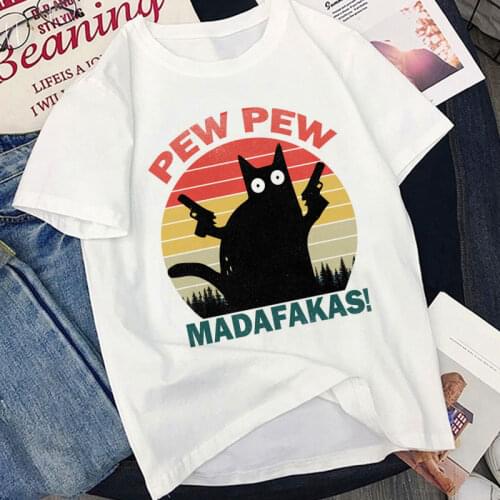 Summer Womens Black Cat Pew Pew Madafakas Girl Funny T-Shirt Gangster With Gun Meme Retro Humor Harajuku Top Tee Female Clothes