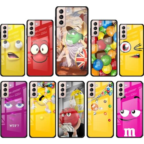 Cute M&M Chocolate for Samsung Galaxy S21 Ultra Plus A72 A52 4G 5G M51 M31 M21 Luxury Tempered Glass Phone Case Cover