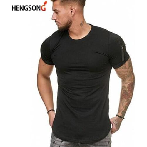 Mens Zipper Sleeve T Shirt Fashion Brand Clothing O Neck Short Sleeve Solid Tshirts Fitness Casual For Male T-shirt Tee S-2XL