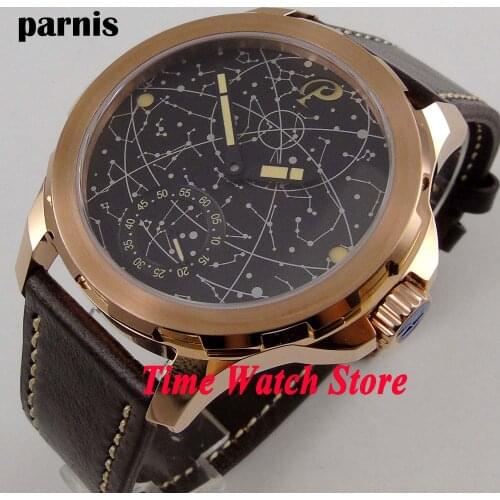 44mm Parnis gold case sapphire glass black constellation luminous 17 jewels 6498 hand winding movement mens watch men 915