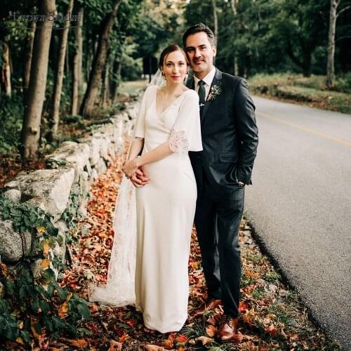 Soft Satin Wedding Dresses Short Flare Sleeve Mermaid Bridal Gowns V-Neck Elegant Vestido De Noivas DW434