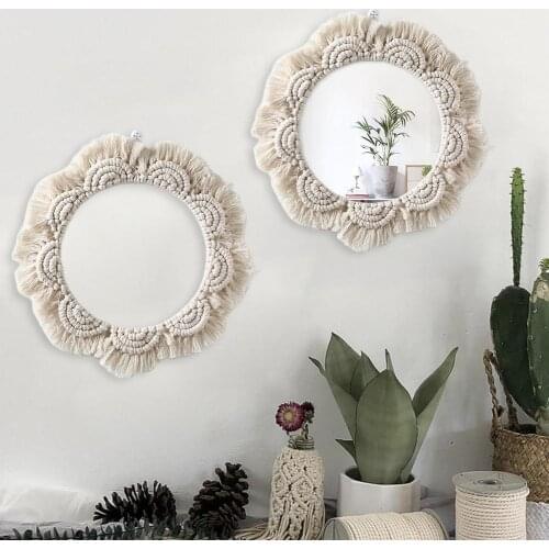 Wall Hanging Mirror Boho Mirror with Fringe Round Mirror Art Ornament Makeup Mirrors for Apartment Living Room Bedroom
