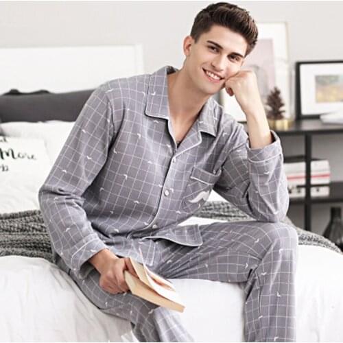 Latest mens 100% cotton pajamas set spring and autumn long-sleeve sleepwear night wear home clothing for men