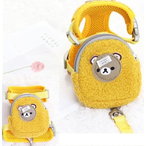 New Warm Lamb Wool Cartoon Bear Dog Backpack Harness With Leash Set Pet Cat Small Animal Carrier Lead Products Poop Bag Collar