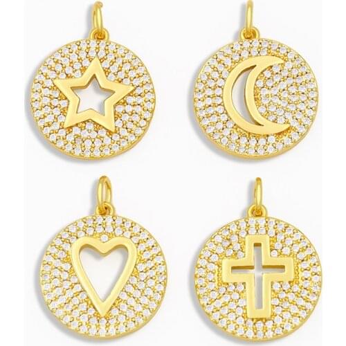 OCESRIO White CZ Paved Moon Star Necklace Charms for Women Small Coin Cross Pendant Charms for jewelry Making Wholesale pdta213