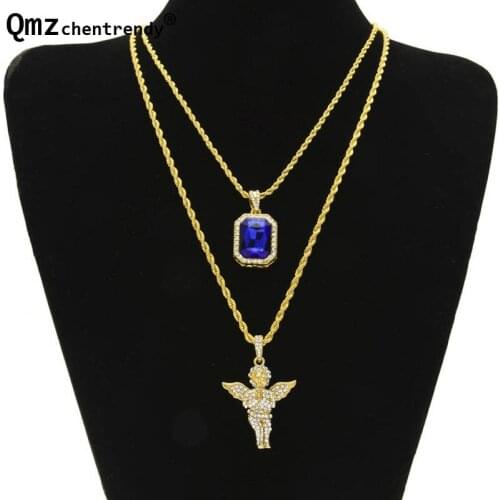 Mens Hip Hop Iced Out Rhinestone Pendant Necklace Set Micro Angel Jesus Wing hand Praying Hand Rope Chains Necklace Male Jewelry