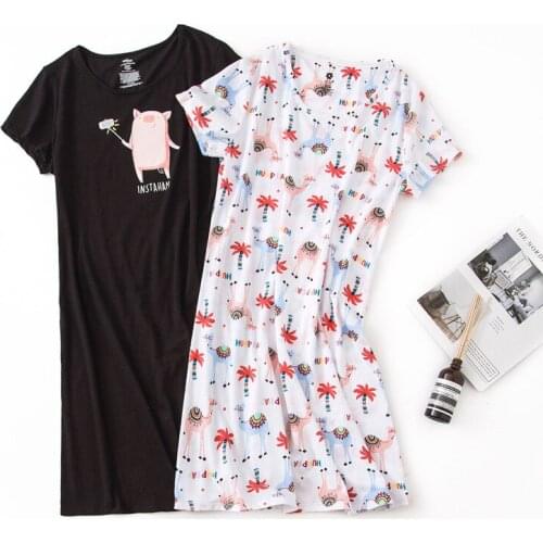 19 New Cotton Short-Sleeved Pajamas Cute Cartoon Home Wear European Version Of Women Oversize Nightdress Printed Pajamas