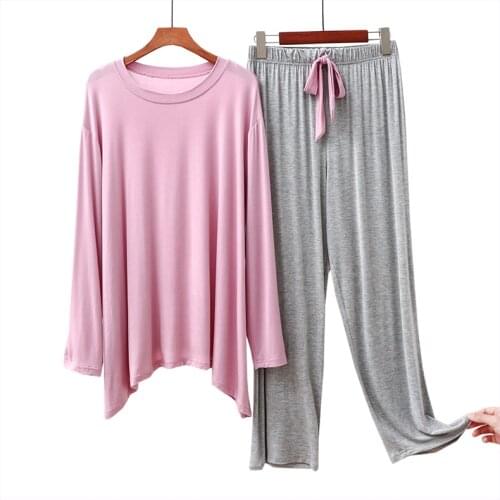 New Womens Plus Size Modal Pajamas Hot Sleepwear Set Top Women Solid 2Piece/Suit Full Sleeves Shirt Pant Lingerie Mom Homewear