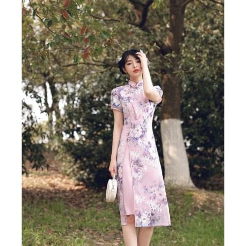 BALDAUREN Sexy Mid-Length Slim Vintage Qipao Summer New Lady Printing Cheongsam Short Sleeve Grace Party Prom Gown Large Size