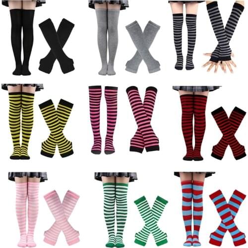 Striped Socks Arm Warmers Set Thumbhole Stretchy Glove High Stockings for Cosplay Elbow Length Arm Covers Socks