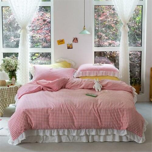 3/4pc Vintage Washed Cotton Bedding Fitted Sheets Elastic Rubber Girls Pink Plaid Quilt Covers Pillowcases Lace Bed Linen Single