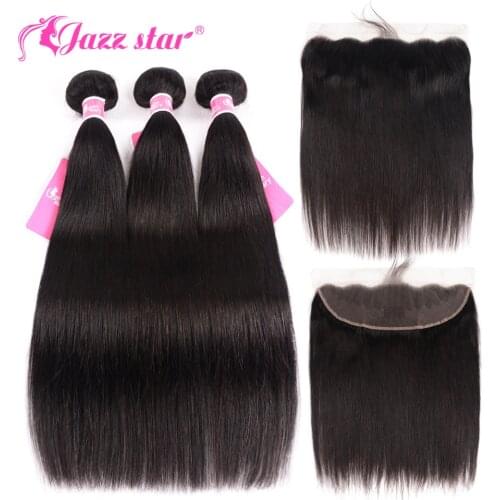 Brazilian Straight Hair Bundles With Frontal 100% Human Hair Frontal With Bundles 13x4 Lace Frontal Closure Non Remy Jazz Star