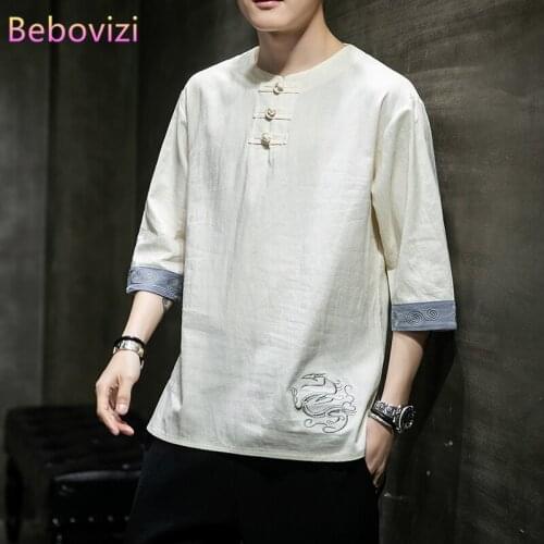 Plus Size M-5XL Embroidery Summer Chinese Traditional Style Orient Tang Pan Gu Button Hanfu Men Cotton Linen Han Fu Tops Clothes
