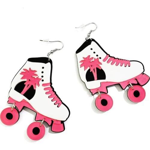 Pink Cute Girls Coconut Tree Roller Skates Drop Earrings Fashion Acrylic Earrings For Women Incoming sample custom make E19019
