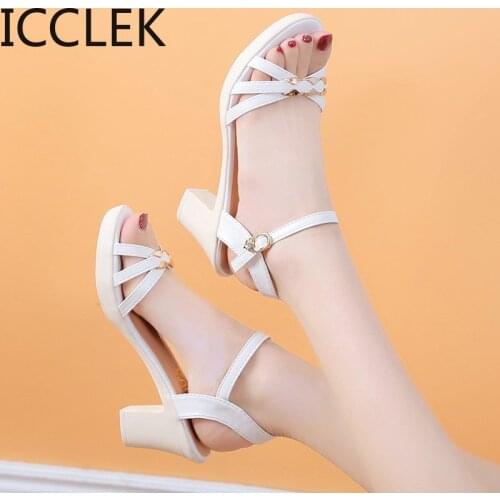 Women Sweet Pendant High Heels Sandals Female Thick Heel Paltform A Word Buckle Fish Mouth Sandals