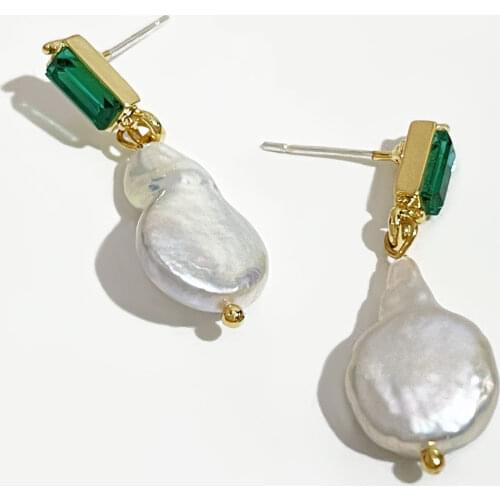PerisBox Large Baroque Pearl Drop Earrings for Women Geometric Genuine Freshwater Pearl Earrings Green Crystal Drop Earrings
