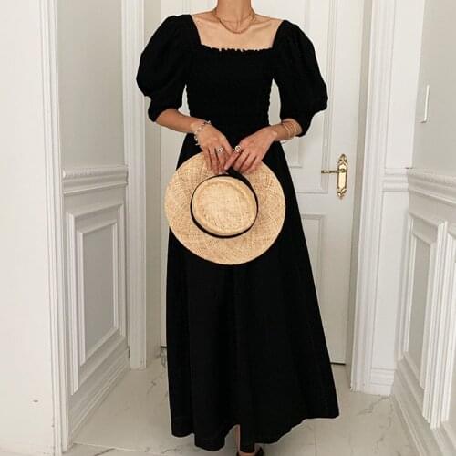 A-Line Vintage Party Boho 2021 Sexy Mesh Short Sleeve French Summer Elegant Dress Dresses Women Puff Sleeve Slim Solid Black