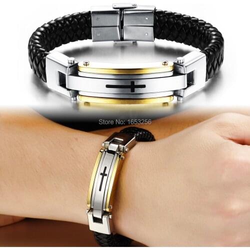 Top Quality Gold Genuine Leather Stainless Steel Buckle Braided Cool Mens Cross Chain Bracelet Jewelry 12mm 8.66