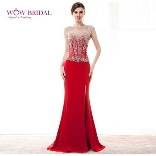 Wowbridal Gorgeous Long Prom Dress 2021 Boat Neck Sheer Beaded Strapless Sexy High Split Taffeta Sweep Train Mermaid Party Dress