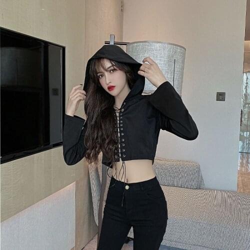 New Autumn Streetwear Top Women T-shirts Black Casual Punk Hooded Lace-Up Fashion Female Long Sleeve Short exposed navel Top