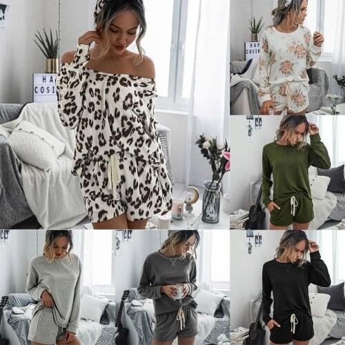 Women Leopard Print Sleepwear Set Pajamas Blouse Top Drawstring Pockets Shorts Plus size short Pant Homewear Sleepwear Nightwear