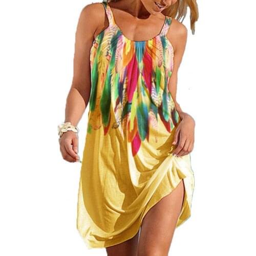 Women Feather Printing Sling Sleeveless U-neck Off Shoulder Mini Dress Sundress for Beach