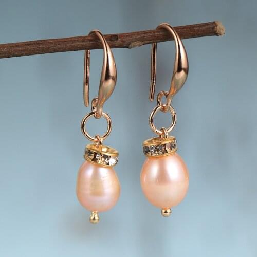 Women Natural Fresh Water Pearls Dangling Earrings White Pink Purple Oval Shape Rhinstone Pearl Copper Earring Hook Jewelry